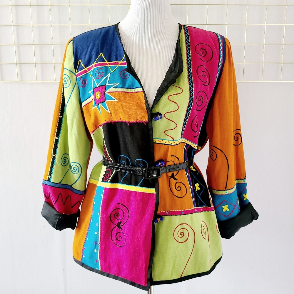 Indigo Moon Art to Wear Patchwork Color Block Flax Blend Jacket - Picture 9 of 10